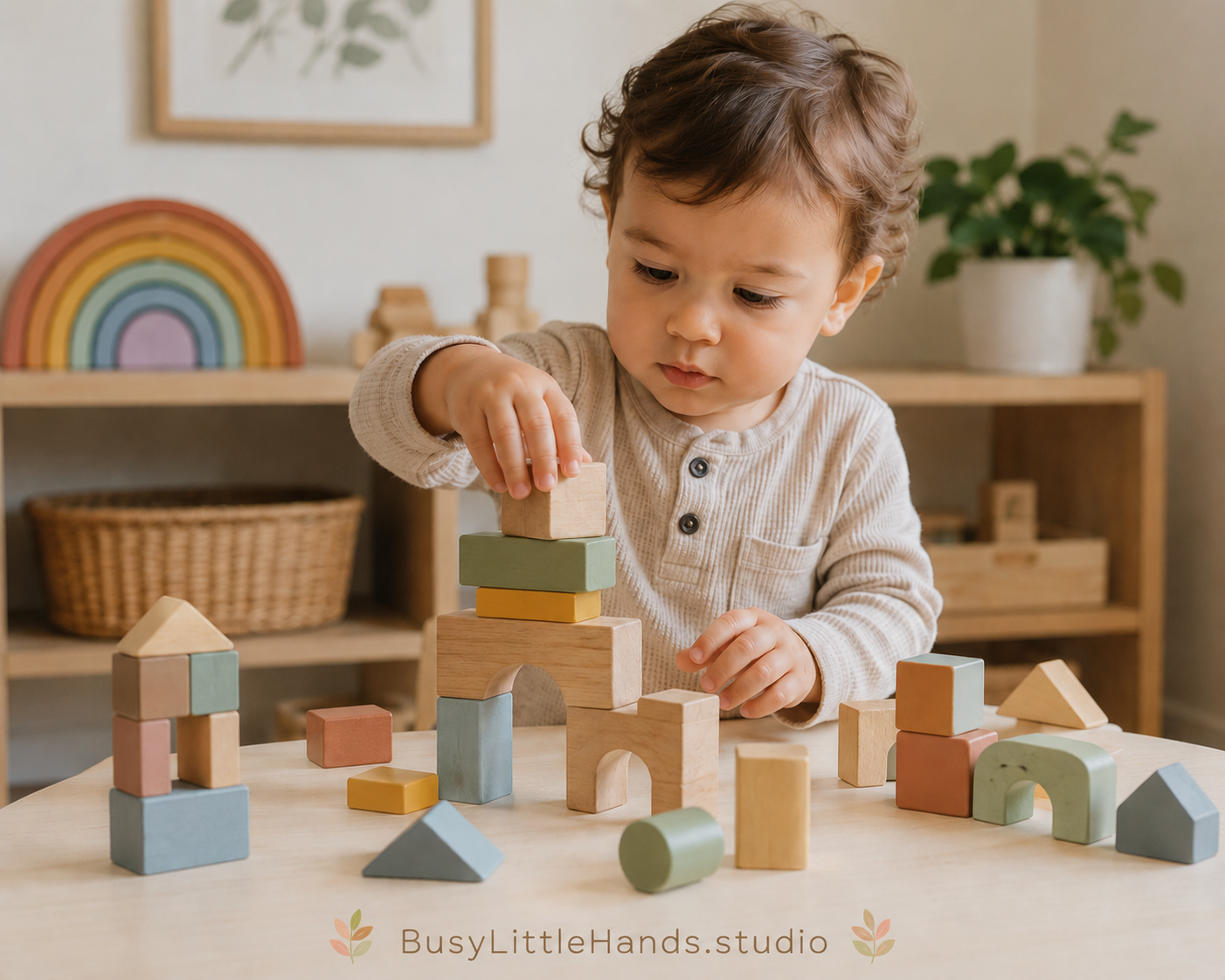 A toddler building blocks (normal toddler attention span) by BusyLittleHands.studio